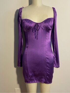 Zara Purple Satin Long Sleeve Sweetheart Mini Dress